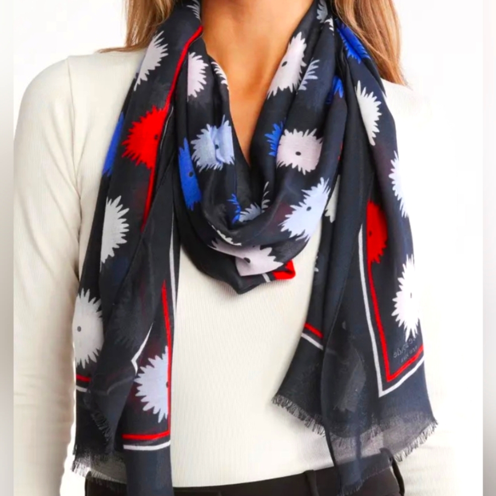 NWT Kate Spade Pop Flower Oblong Patterned Scarf - Black, Red, Blue, White